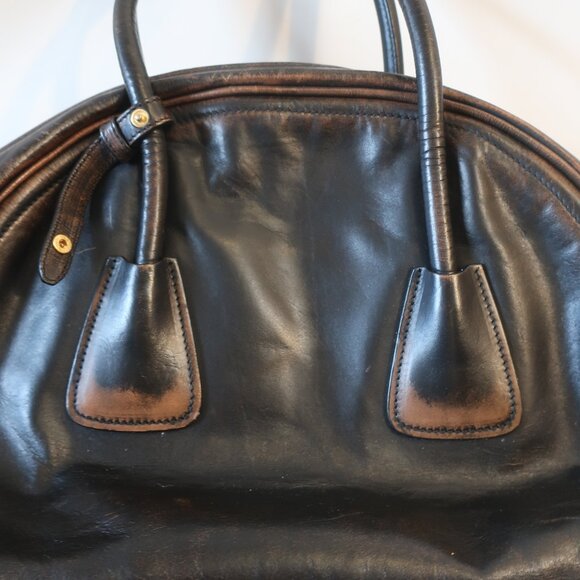 AUTHENTIC Prada Vitello Bowler Black Brown Serial No. 25 Leather Satchel Handbag - Picture 9 of 16